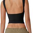 QINSEN Women's Sexy Open Back Sleeveless Crop Tank High Neck Slim Fit Cropped Tee Shirt Y2k Tops (Medium, Black)