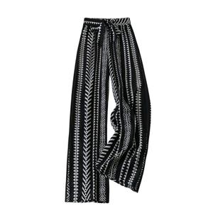 WDIRARA Women's Boho Geometric Striped Straight Leg Pants Tie Knot Elastic Waist Trousers Black Small