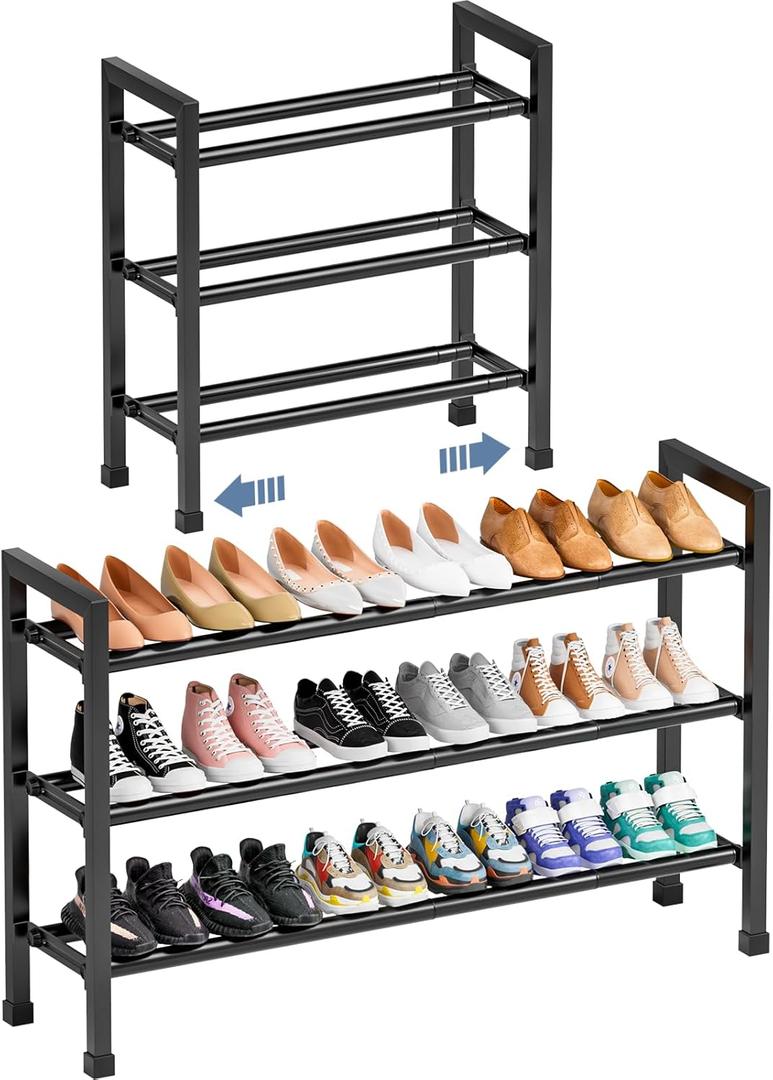 Mavivegue 19- 43 Adjustable Shoe Rack, 3 Adjustable Length, 3 Tier Expandable Shoe Rack for Closet, Entryway, Shoe Shelf, Black
