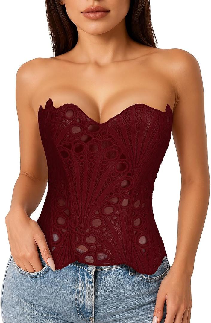 LEACOOLKEY Lacework Corset Top for Women Sexy Textured Sheer Floral Lace Bustier Going Out Lace-up Corset Overbust Top (Red, XL)
