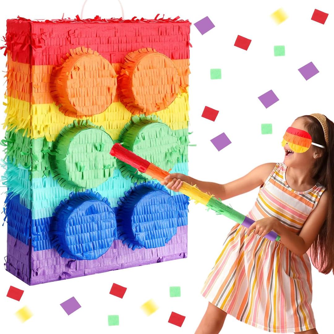 Building Blocks Piata Bundle Includes Fiesta Piata with Blindfold Bat Stick Confetti 16 Inch Party Piatas for Birthday Party Kids Mexican Cinco De Mayo Supplies Set of 4