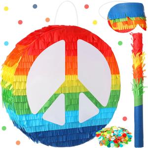 Wettarn 12 Inch Groovy Retro Piata 60's 70's Hippie Party Rainbow Peace Sign Two Groovy Piata with Blindfold, Bat, Confetti for Hippie Boho Groovy Flower Birthday Baby Shower Wedding