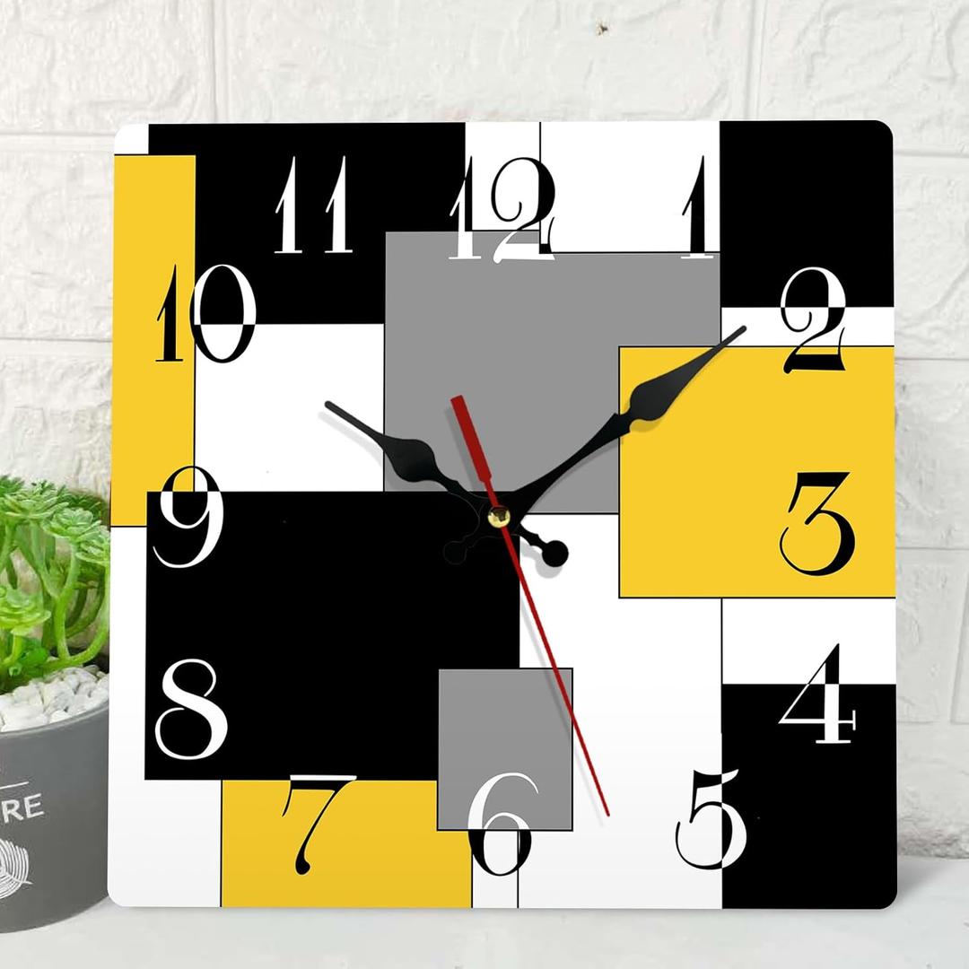 ArtSocket Wooden Wall Clock Silent Non-Ticking, Yellow Black Grey Abstract Geometric Minimalist Checkered Square Rustic Wall Clocks Decor for Home Kitchen Living Room Office(12 Inch)