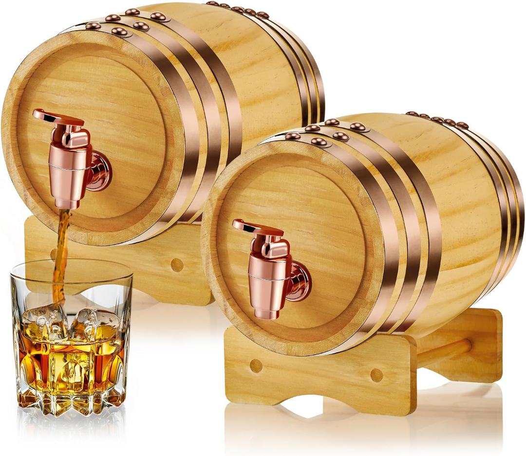 Thyle 2 Pcs 1 Liter Vintage Whiskey Barrel Cocktail Tequila Rum Spirits Liquors Whiskey Dispenser Alcohol Cask Barrel with Stand for Home Table Display Storage
