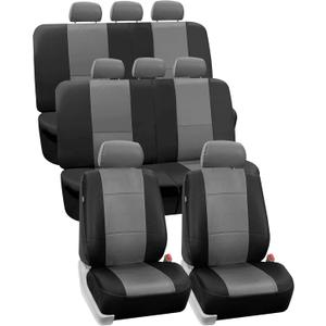 FH Group Car Seat Covers PU Leather 3 Row 8 Seater Car Seat Covers, Airbag Compatible and Split Bench - Fit Most Car, Truck, SUV, & Van Black/Gray (Grey)