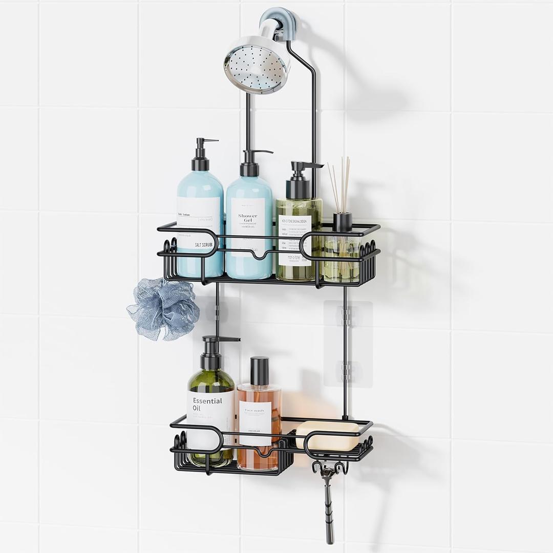 HapiRm Hanging Shower Caddy Organizer - Bathroom Organizer with 12 Hooks and Soap Holder, Rustproof Shower Shelf over Shower Head - Black