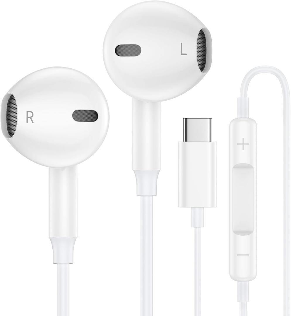 USB C Headphones Wired Earbuds for iPhone 17 Air 16e 16 Pro Max 15 Pro Max 16 Plus 16 Pro 16 15 Plus Pro 15, Type C Earphones USBC Ear Buds with Microphone for Samsung Galaxy S25 Ultra A16 A35 A26 A36 (White)