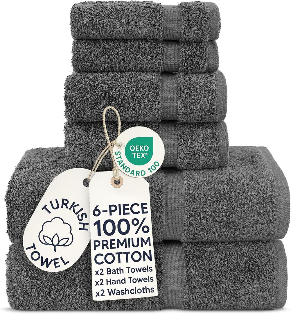 Chakir Turkish Linens |Hotel & Spa Quality 100% Cotton Premium Turkish Towels | Soft & Absorbent (Dark Gray, 6-Piece Towel Sets)