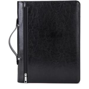 Vegan Leather Portfolio with Hidden Handle, Zippered Front Pocket, Business Padfolio for Men and Women, 8.5 x 11 Legal Pad Notebook Holder, Office Letter Notepad Folio, Black (Regular)