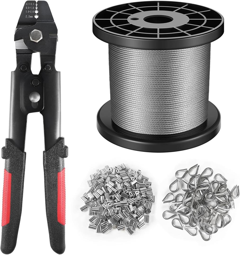 Wire Rope Crimping Tool Kit, 328FT Stainless Steel Cable with 200PCS 1/16 Aluminum Crimping Loop Sleeves and 50PCS Stainless Steel Thimbles Wire Rope Crimping Tool Kit, 328FT Stainless Steel Cable with 200PCS 1/16 Aluminum Crimping Loop Sleeves and 50PCS Stainless Steel Thimbles