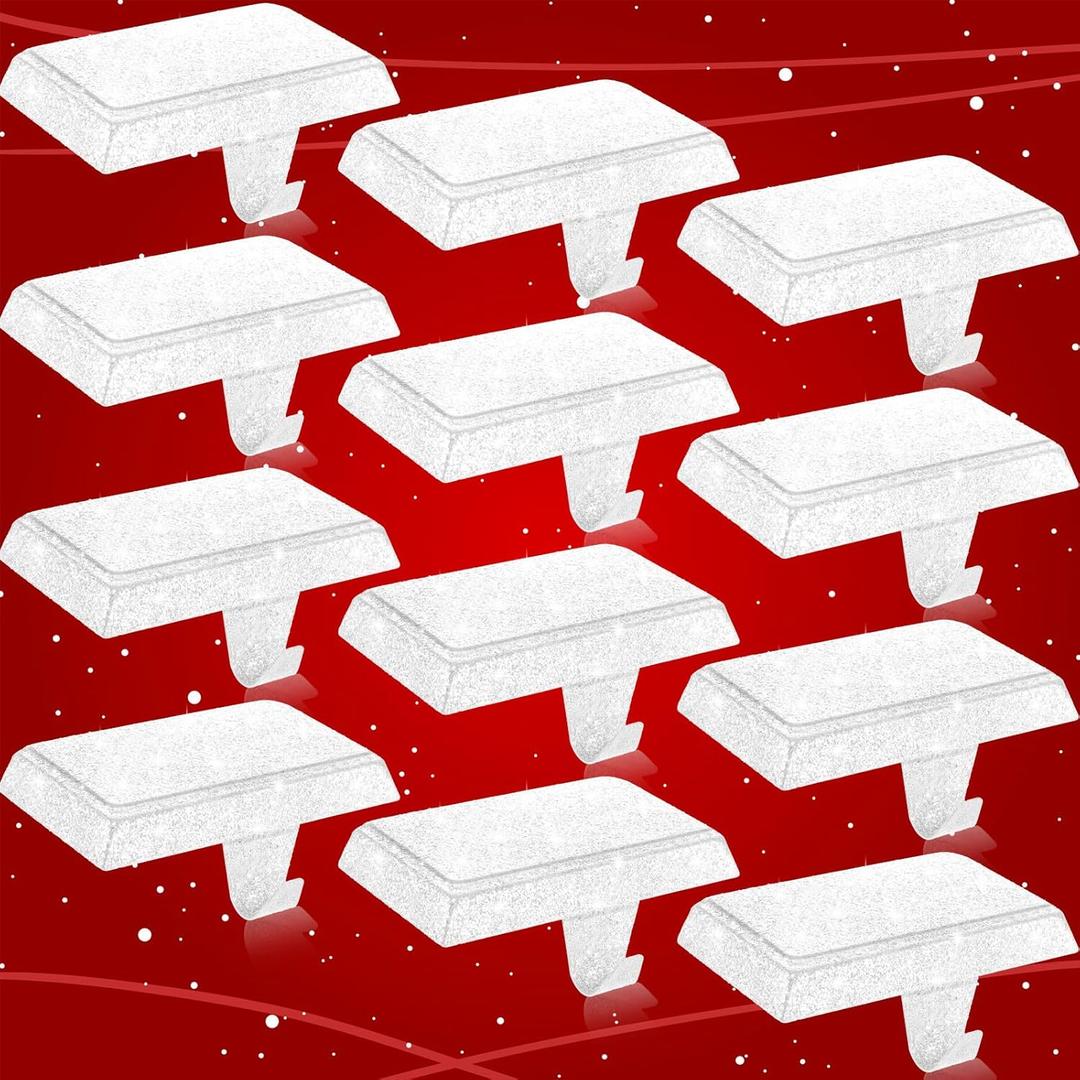 Huwena Metal Christmas Stocking Holders Shiny Mantel Heavy Duty Stocking Hooks Glitter Hanging Hangers Christmas Ornaments for Fireplace Window Mantle Table Decoration (Stylish,White,12 Pcs)