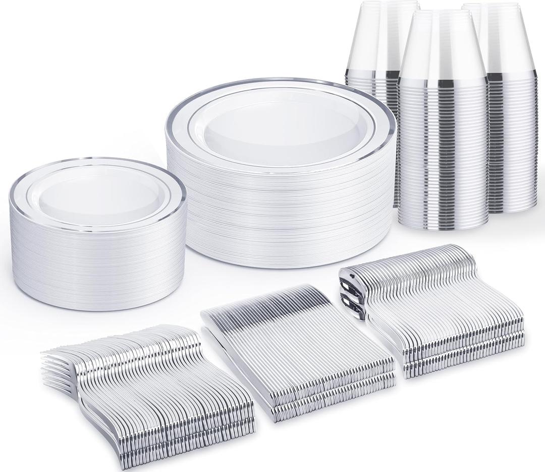 WELLIFE 300 PCS Silver Dinnerware Set for 50 Guests, Silver Plastic Disposable Plates for Party, 50 Dinner Plates, 50 Salad Plates, 50 Cups Forks Knives Spoons for Wedding and Party Anniversary