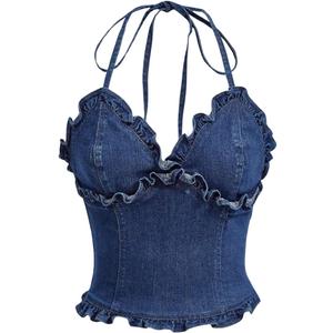 OYOANGLE Women's Lettuce Trim Spaghetti Straps Tie Backless Halter Denim Top Slim Fitted Jean Cami Tops (Medium)