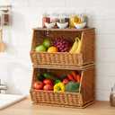 2 Tier Fruit Basket for Kitchen Counter Stackable Wall Mounted Hanging Basket Wicker Hanging Baskets with Wood Lid for Onion Fruit Vegetable Storage