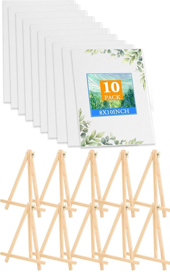 Canvas with Easel Miniature Painting Kit with Wooden Easel and Blank Canvas Boards 10pack, 10"×8"