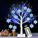 [Timer] 24'' Hanukkah LED Lighted Birch Tree with 12pcs Ornaments,8 Lighting Modes Blue Lights Tabletop Pre Lit Tree Light for Christmas Hanukkah Decor