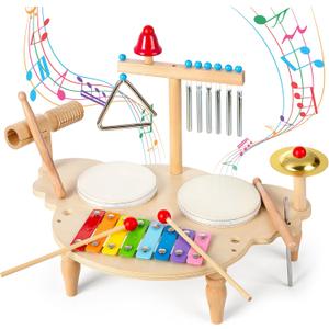 Baby Drum Set for Toddlers 1-3, Wooden Musical Percussion Instruments with Xylophone, Kids Drumset Educational Montessori Music Toys Birthday Gift for Boys Girls