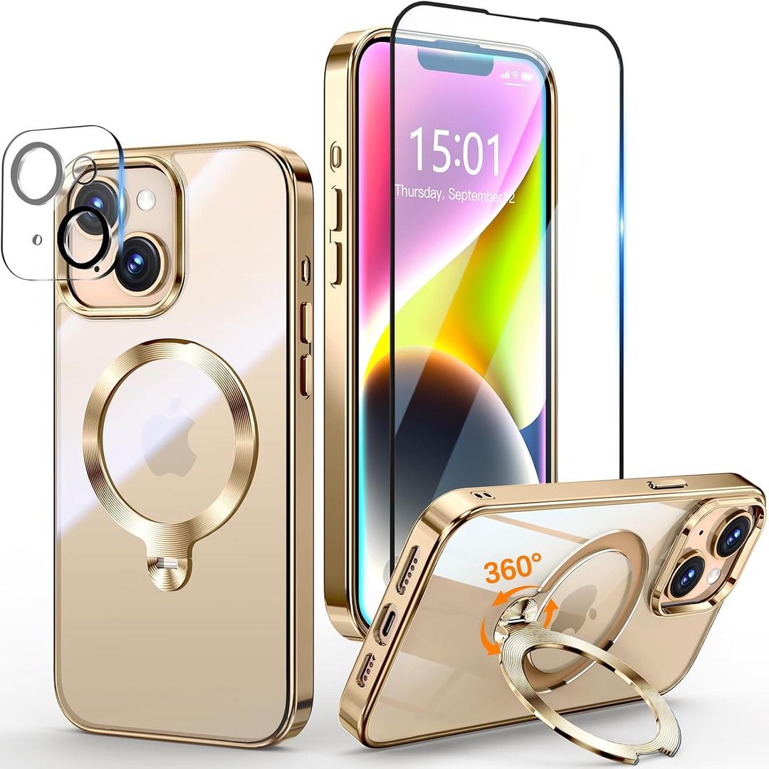[Tri-Shield Protection] for iPhone 13/14 Case with 360 Spin Stand Compatible with MagSafe [Magnetic CD Ring] [Screen & Camera Lens Protector] Shockproof Plating Never-Yellowing, Gold-6.1"
