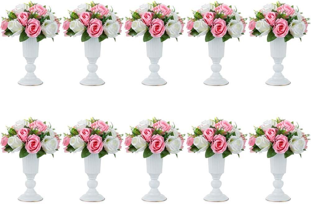 Nuptio 10 Pcs Flowered Metal Trumpet Vase Elegant Wedding Centerpieces Vase for Party Dining Room Decoration, 23.2cm Tall Artificial Flower Arrangements for Anniversary Ceremony, White