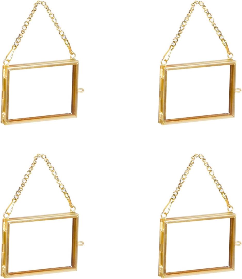 Alpertie 4PCS Glass Frame for Pressed Flowers, 3x2 Inch Creative Brass Hanging Photo Frame Double Glass Frame with Chain DIY Vintage Home Decor(Style 2) (Gold)
