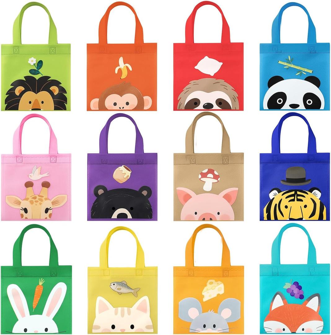 Golray 12PCS Non-Woven Safari Goodie Bags, Jungle Party Favor Totes with Handles & Double-Sided Animal Prints for Kids Birthday, Baby Shower & Daily Use, Gift Bags for Party Decorations Supplies