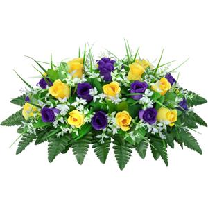 LVXINLI Artificial Cemetery Flowers Saddle-Shaped Tombstone Decorations Non-Fading UV-Resistant Yellow+Purple Saddle