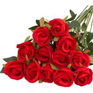 Veryhome Artificial Red Flowers Silk Roses Fake Bridal Wedding Bouquet for Home Garden Party Floral Decor 10 Pcs (Rose Bud - Red)