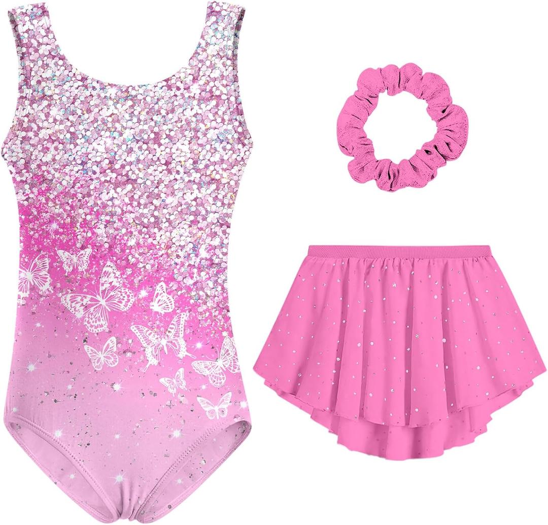 Idgreatim Girls Gymnastic Leotard Ballet Dance Dress Outfit with Removable Skirt Hair Scrunchie Combo 4-11 Years (Pink White)