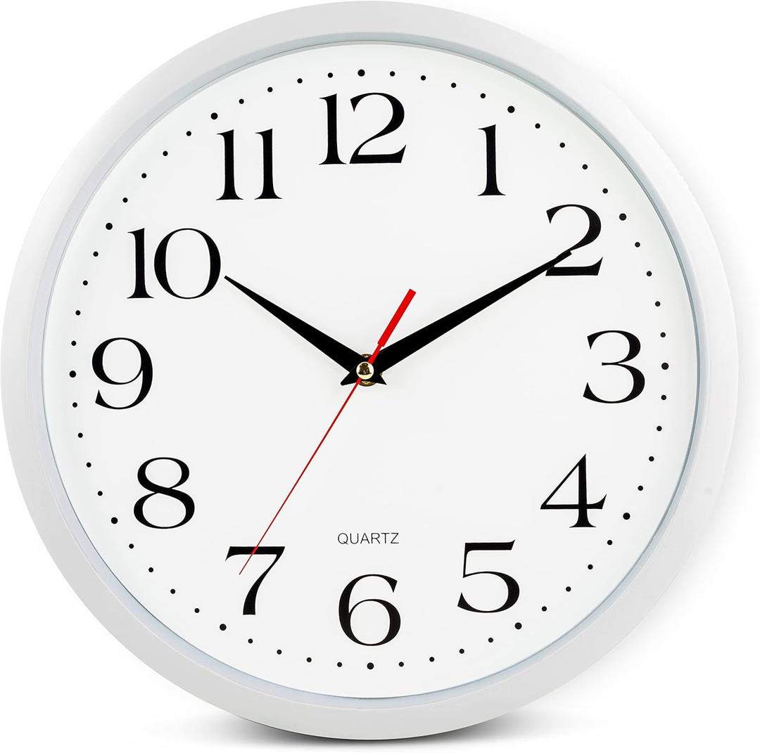 Bernhard Products White Wall Clock Silent Non Ticking, 12 Inch Quality Quartz Battery Operated Round Easy to Read Home/Office/Kitchen/Classroom/School Sweep Clock, Black Hands
