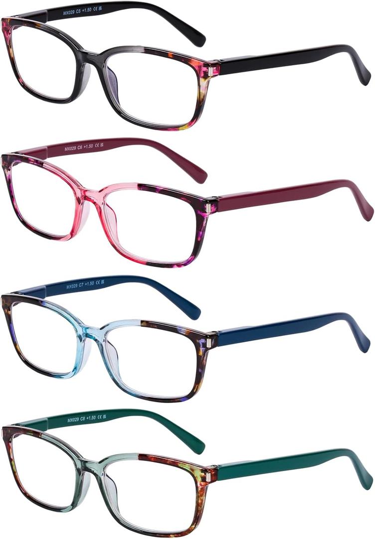 DOOViC 4 Pack Computer Reading Glasses for Women Blue Light Blocking Spring Hinge Stylish Readers for Women (4 Colors-s2)