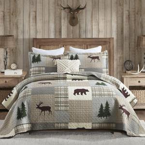 PERHOM Quilt King Size - 100% Cotton Lightweight Cabin Plaid King Quilt Bedding Set, Forest Tree Brown Bear Deer Patchwork Reversible Bedspread/Coverlet/Comforter Set with 2 Shams, 3PCS