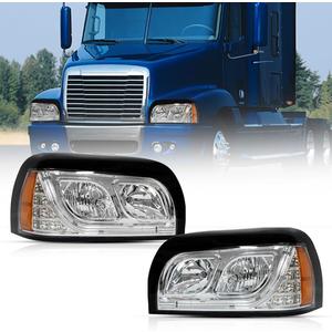 Headlights Assembly For Freightliner Century 2004 2005 2006 2007 2008 2009 2010 2011 2012 2013 2014 2015 Pair Set Halogen Headlamp SAE/DOT Approved，Black Color