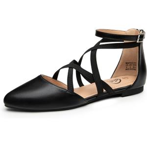 Trary Flats for Women, Mary Jane Shoes Women Ballet Flats with Elastic Ankle Straps, Comfortable Pointed Toe Dress Shoes for Office or Casual Wear (5.5, Black-pu)