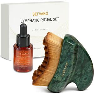 Lymphatic Contour Face Brush Set with Gua Sha Face Oil, Dual-Ended Dry Brush+Jade Gua Sha Edge, 0.075mm Ultra-Soft Bristles Gua Sha Facial Tools, for Lymphatic Drainage, De-Puff, Sculpt, Smooth & Glow