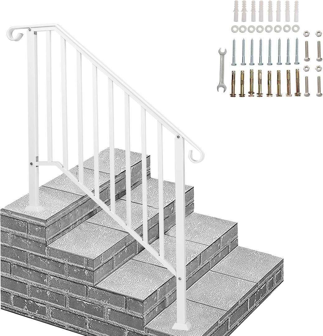Outvita Handrails for Outdoor Steps, Wrought Iron Handrail Fits 3 or 4 Steps, Transitional Handrail with Installation Kit, Stair Railing for Concrete Steps or Wooden Stairs(White) (3-4 steps)