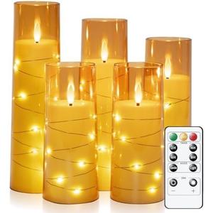 Raycare Flameless Candle with Remote Timer – 4 Flickering Acrylic Battery Operated LED Pillar Candles with Embedded Star String for Christmas, Home Decor, and as a Gift(Glod)