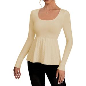 Women's Scoop Neck Peplum Sweater Long Sleeve Cable Knit Dressy Casual Pullover Tops (L)