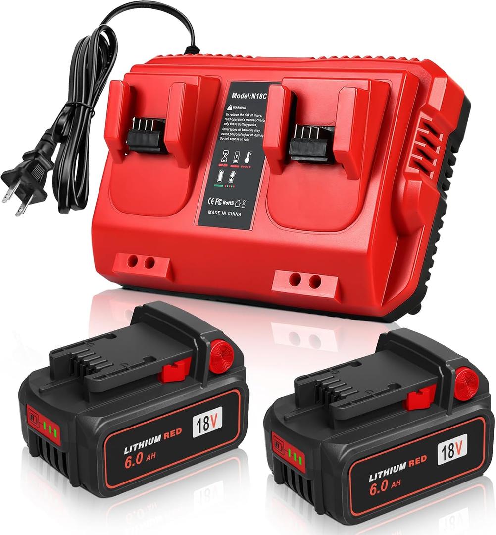 Upgraded 18V 6.0Ah Batteries Replacement for Milwaukee M-18 Battery 2Pack and 1 Charger Combo Set(2-Port) (Black&Red)