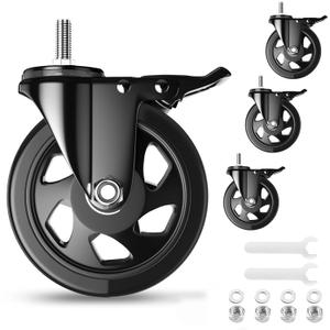 5 Inch Stem Caster Wheels Heavy Duty, Threaded Stem Casters Set of 4, Cart Wheels 1/2"-13 x 1 (Screw Diameter 1/2", Stem Length 1"), Safety Dual Locking Industrial Casters, Cart Wheels for Furniture