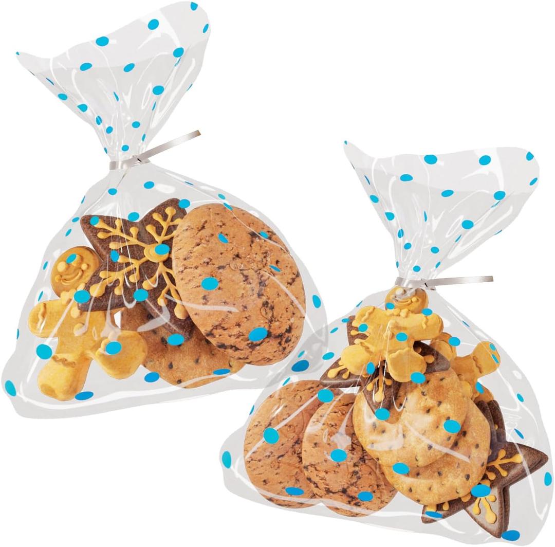 2 x Artboil Blue Dots Cello Bags 6x10 Inch - Twist Tie Silver - Stylish Resealable Treat Bags for Bakery and Snacks (50 Pack)