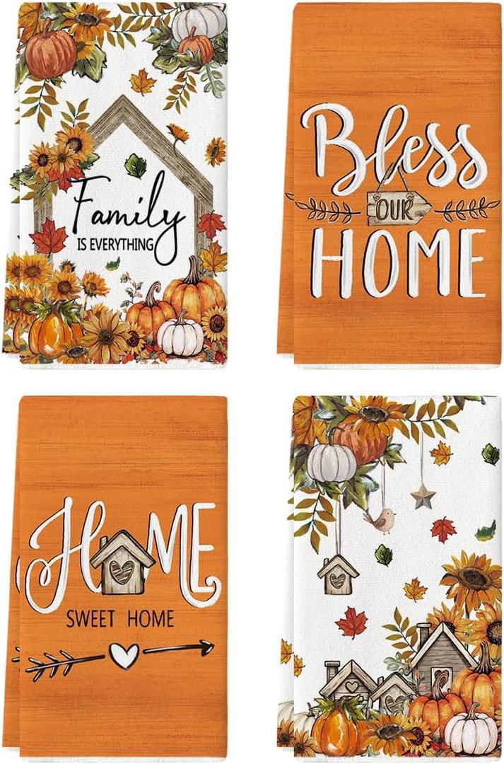 2 x Artoid Mode Pumpkin Sunflowers Fall Kitchen Towels Set of 4 18x26 Inch