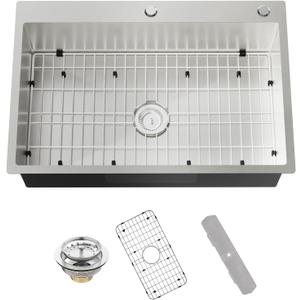 Stainless Steel Drop In 33x22 Inch Kitchen Sink - Modern Large Single Bowl Topmount Kitchen Sink Come With SS Grid,Silicon Mat,Drain Strainer Set Compatibility With Various Kitchen Styles, 33x22x9 inches