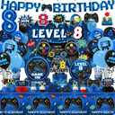 8th Birthday Decorations Boy,197pcs Gamer Birthday Party Decorations Level 8 Birth day Decorations Plates and Napkins Cups Tablecloth Banner Honeycomb for Video Game Party Decorations
