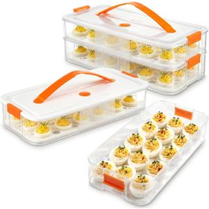2 Pack Deviled Egg Container with Lid and Handle 2 Layer Deviled Egg Carrier for 60 Reusable Stackable Platter Clear Plastic Storage Tray for Dish Washer Party Home Kitchen Suppies