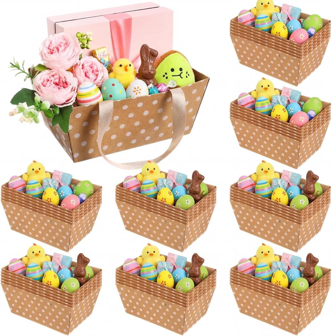 Pinkunn 48 Pcs Easter Basket for Gifts Empty DIY Bulk Party Gift Basket Kit with Handles Market Trays for Packages Wrapping Wedding Party Anniversary Display(Brown, White,Polka Dots)