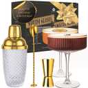 VEMACITY - Luxury Gold Cocktail Shaker Set - 15oz Glass Shaker with Strainer + 2 Gold-Rim Ribbed Martini Glasses (10oz) & Bar Tools | Espresso Martini Glasses | Ideal for Home Bartenders