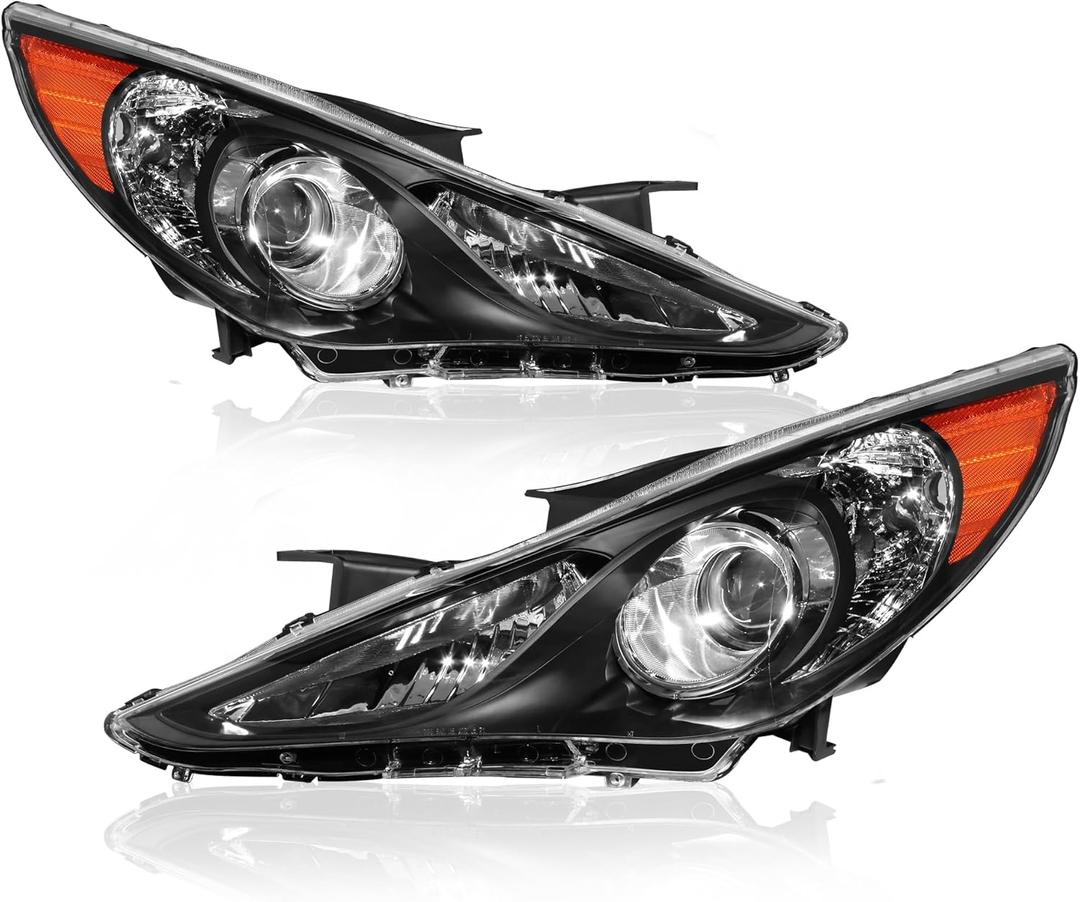 Headlights Assembly Replacement Compatible with 2011-2014 Hyundai Sonata Halogen with Clear Lens Black Housing Amber Reflector Front Lamps Driver and Passenger Side (Set of 2)