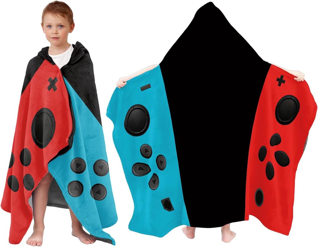 Game Controller Hooded Towel for Kids - Wearable 30"x50" Flannel Poncho, Gamer Toddler Beach Towels for Pool, Travel, Swim - Ultra Absorbent Quick Dry Birthday Gift for Boys, Teens (Blue/Black/Red)