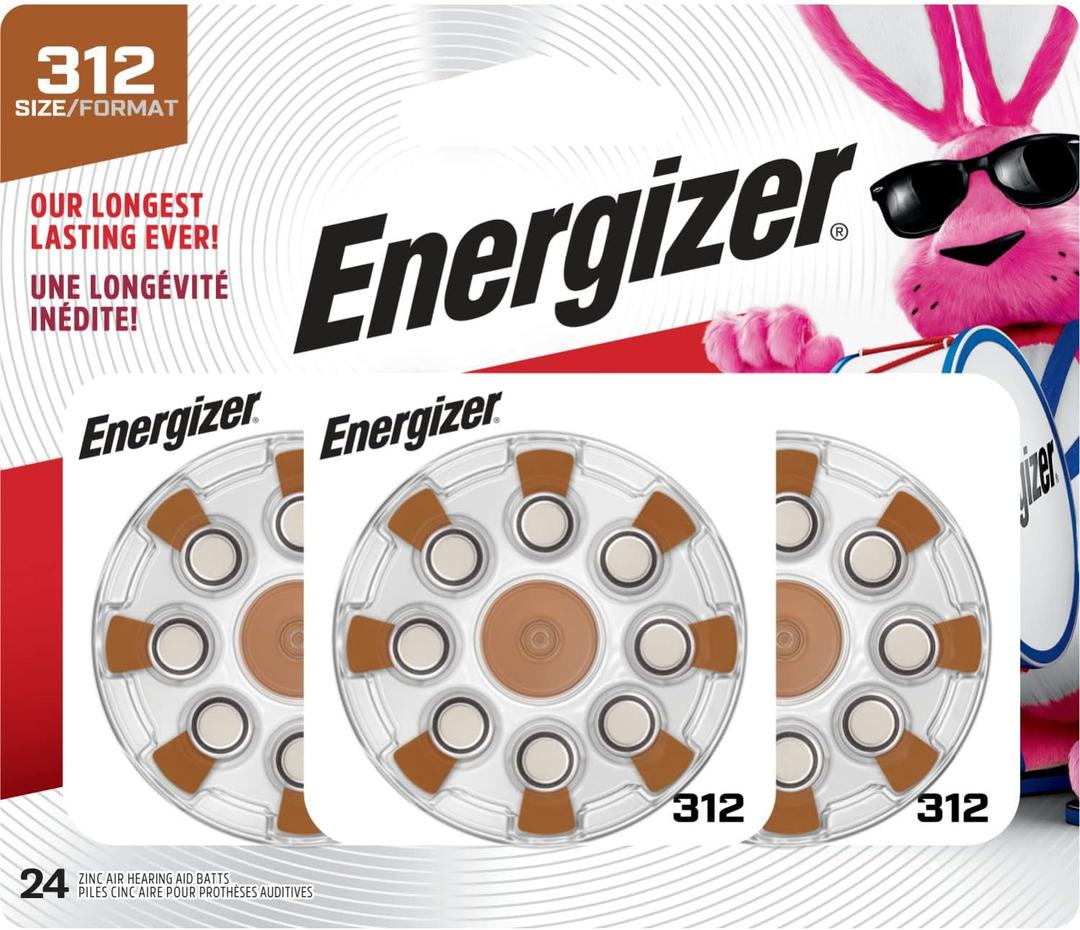 Energizer Size 312 Hearing Aid Batteries, EZ Turn & Lock Hearing Aid Batteries Size 312, 24 Count (Brown Tab)