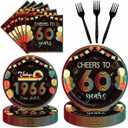 96Pcs Vintage 60th Birthday Decorations Tableware Set Back in 1966 Paper Plates Napkins Forks Cheers to 60 Years Disposable Tableware Decor for Women Men 60th Birthday Party Favor Serve 24 Guests